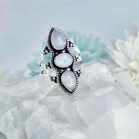 Chunky Triple Rainbow Moonstone Ring Size 10 Sterling Silver 925 Handmade New - Picture 3 of 6
